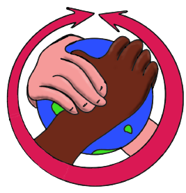 Rond een wereldbol houden handen met verschillende huidskleuren elkaar vast.